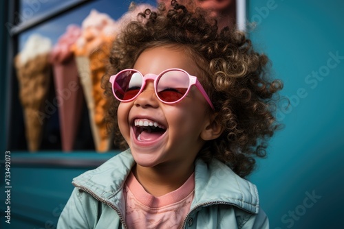 Girl enjoying ice cream while wearing stylish sunglasses in summer