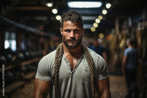 Young man in the gym workout with a rope showing strength and fitness