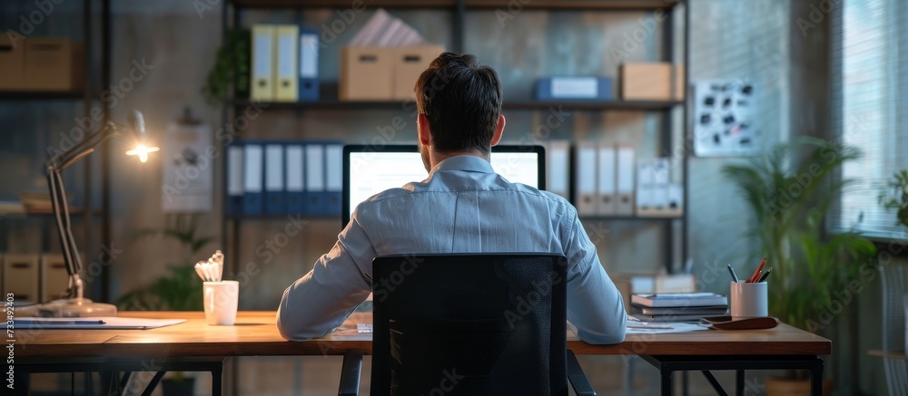 Businessman at office desk completing survey form on computer, seen from behind.