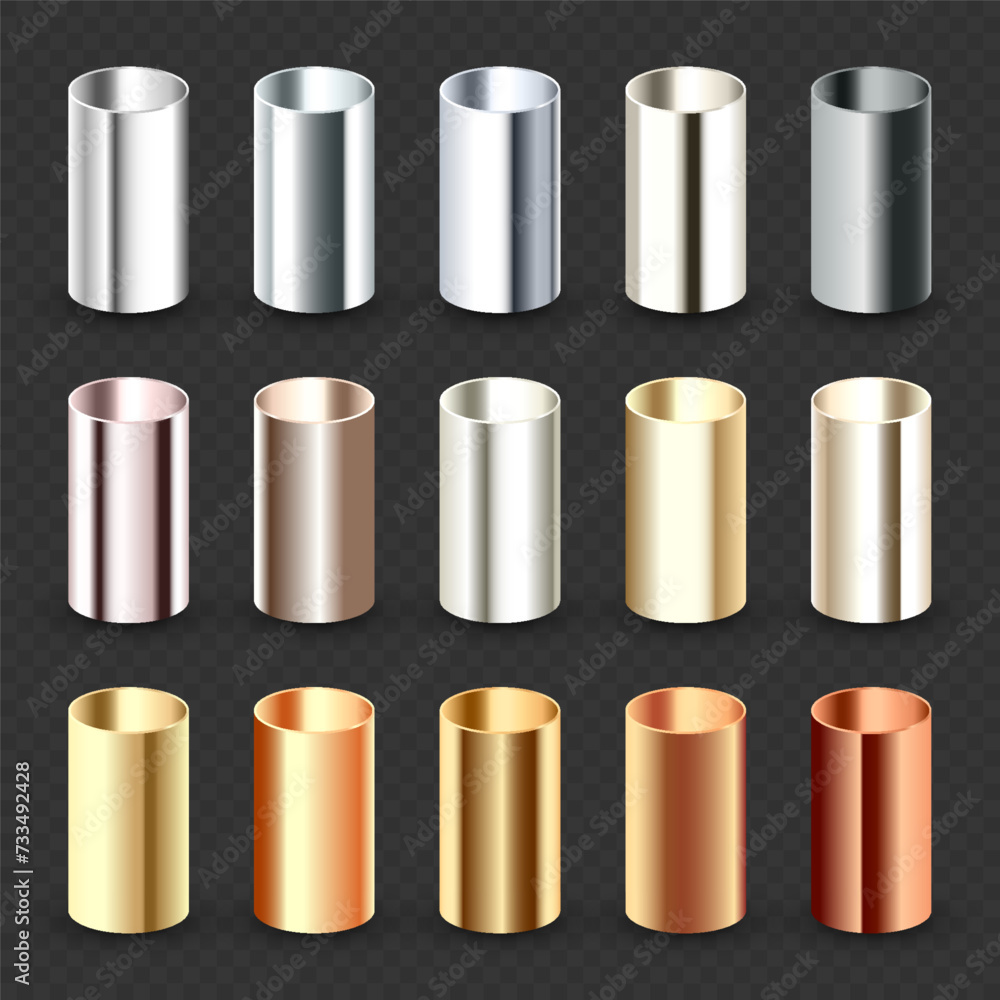 Steel and copper pipes collection. Construction material, pipeline. Industry and engineering. Polished metal texture with silver gradient. Vector illustration Steel and copper pipes collection. Construction material, pipeline. Industry and engineering. Polished metal texture with silver gradient. Vector illustration