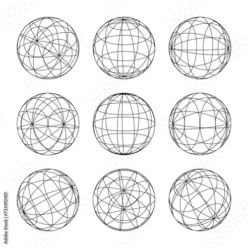 Wireframe shapes, lined sphere. Perspective mesh, 3d grid. Low poly geometric elements. Retro futuristic design elements, y2k, vaporwave and synthwave style. Vector illustration photo