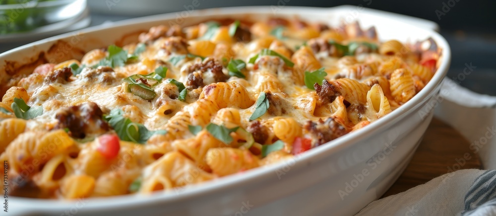 A delicious casserole dish made with macaroni and cheese, filled with meat and baked to perfection.