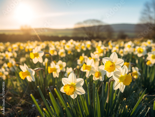 Vibrant daffodils bloom harmoniously in a radiant field, resembling a serene painting in v52 style.