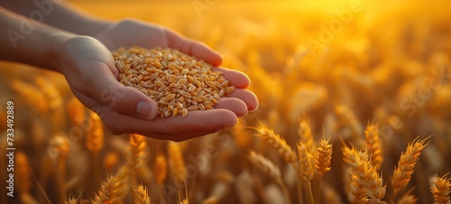 A man holds golden ears of wheat against the background of a ripening field. © Vasiliy