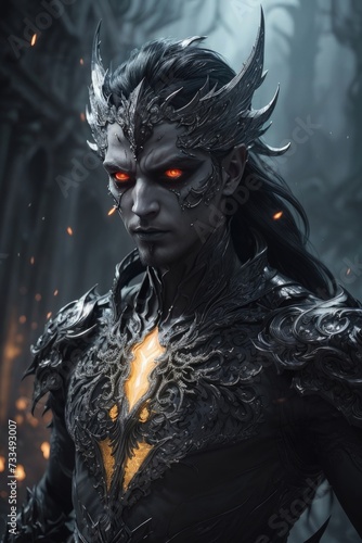 Portrait of a demon warrior in the dark forest. Fantasy. Generative AI.