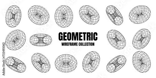 Wireframe shapes, lined torus. Perspective mesh, 3d grid. Low poly geometric elements. Retro futuristic design elements, y2k, vaporwave and synthwave style. Vector illustration photo