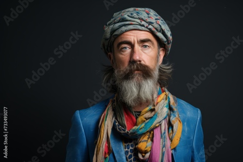 close-up portrait of a bearded man with a colorful scarf on his head