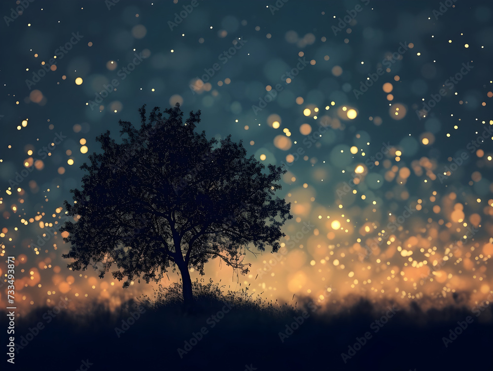Naklejka premium Enchanting Twilight Landscape with Solitary Tree and Glowing Orbs, Concept of Serenity, Mystical Nature, Fantasy, and Magical Landscapes, Ideal for Themes Related to Nature’s Beauty