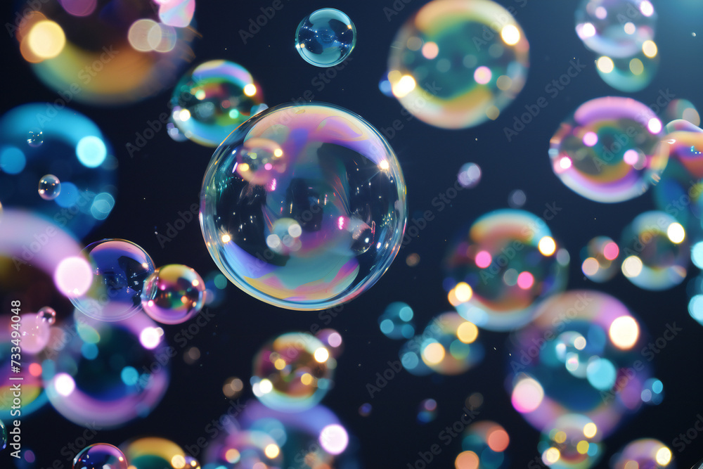 Glowing soap bubbles on black background.