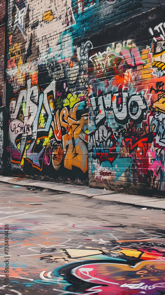 Obraz premium Vibrant Urban Graffiti: A Symphony of Rebellion and Creativity - Concept of Street Culture, Artistic Freedom, and Urban Aesthetics in a Dynamic Graffiti-Covered Wall Scene