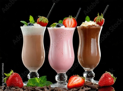 Three glasses of colorful milkshake cocktails - chocolate, strawberry and vanilla decorated