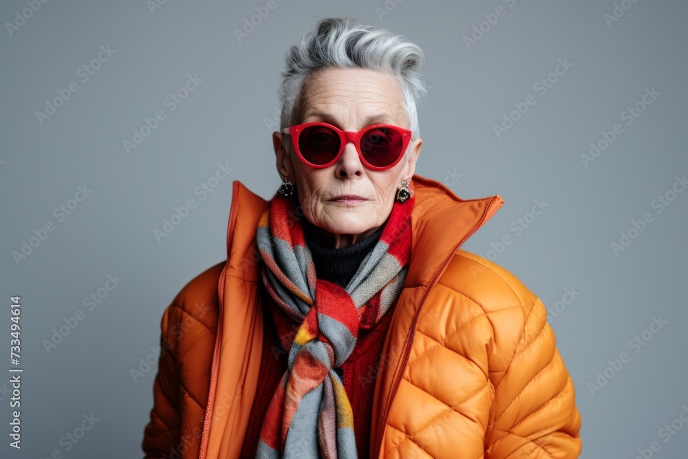 Portrait of senior woman in orange jacket and red sunglasses on grey background