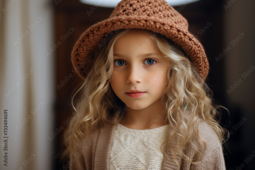 Portrait of a beautiful little girl with blond curly hair in a brown hat Portrait of a beautiful little girl with blond curly hair in a brown hat