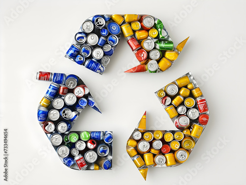 Concept of Environmental Consciousness: Vibrant Display of Aluminum Cans Forming Recycling Symbol, Emphasizing Sustainability and Consumer Responsibility photo