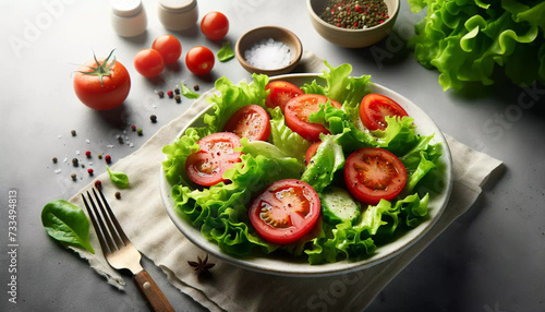 Aqui está a imagem de um prato de salada simples, feito de alface e tomate, apresentado de forma limpa e minimalista. Esta composição enfatiza a frescura e a beleza natural dos ingredientes. photo
