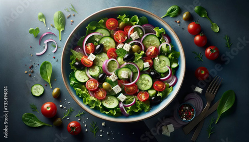 Aqui está a imagem de um prato de salada, criada no formato 16:9, com uma apresentação elegante e colorida, ideal para uso em menus de restaurante, blogs de comida ou revistas culinárias. photo