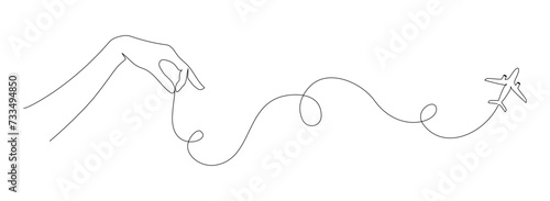One continuous line drawing of Airplane with hand. Business Concept of world travel and international flight airline with trace in simple linear style. Editable stroke. Doodle Vector illustration
