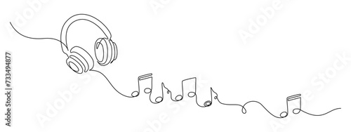 One continuous line drawing of musical notes and headphones. Minimalistic web banner and modern logo of sound and music school in simple linear style. Editable stroke. Doodle vector illustration
