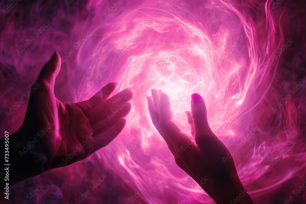 Female hands reach into pink energy field Female hands reach into pink energy field