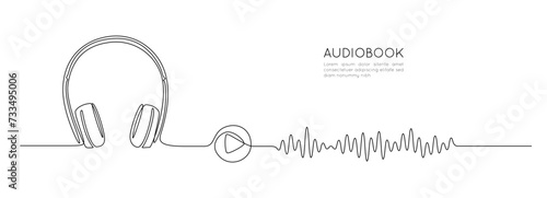 One continuous line drawing of audiobook concept. Listening and reading device web banner for education and podcasts in simple linear style. Editable stroke. Doodle vector illustration