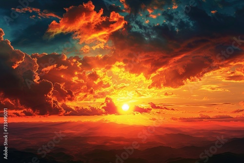 Sunset landscape with orange clouds and dark scenery. © darshika