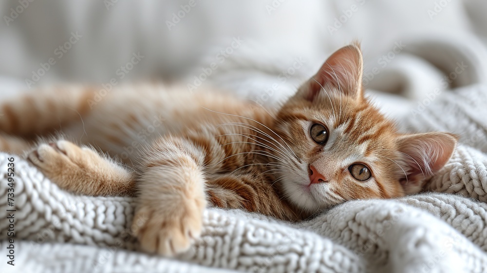 Cute tabby kitten sleep on white soft blanket. Cats rest napping on bed. Comfortable pets sleep Cute tabby kitten sleep on white soft blanket. Cats rest napping on bed. Comfortable pets sleep