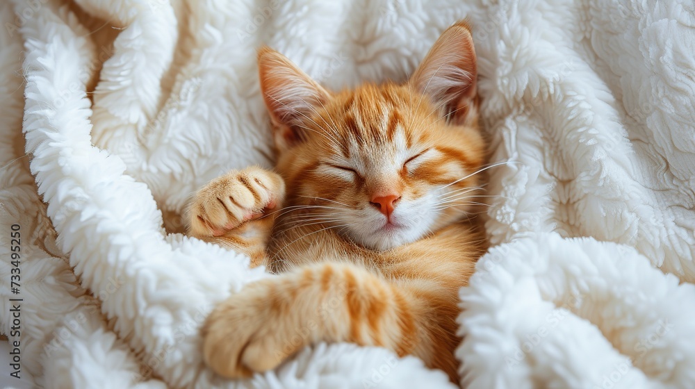 Cute tabby kitten sleep on white soft blanket. Cats rest napping on bed. Comfortable pets sleep