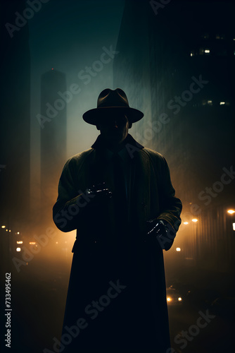 Classic Noir-Esque Scene Featuring a Trench-Coated Detective Examining Evidence in a Dark Cityscape