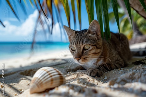 Cat under palm tree on sandy beach with a seashell nearby. exotic island explorer photo