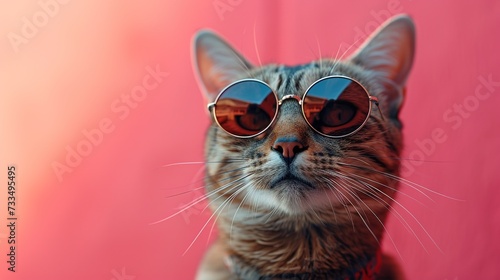 Portrait of gorgeous fluffy red cat wearing moony sunglasses against darkness