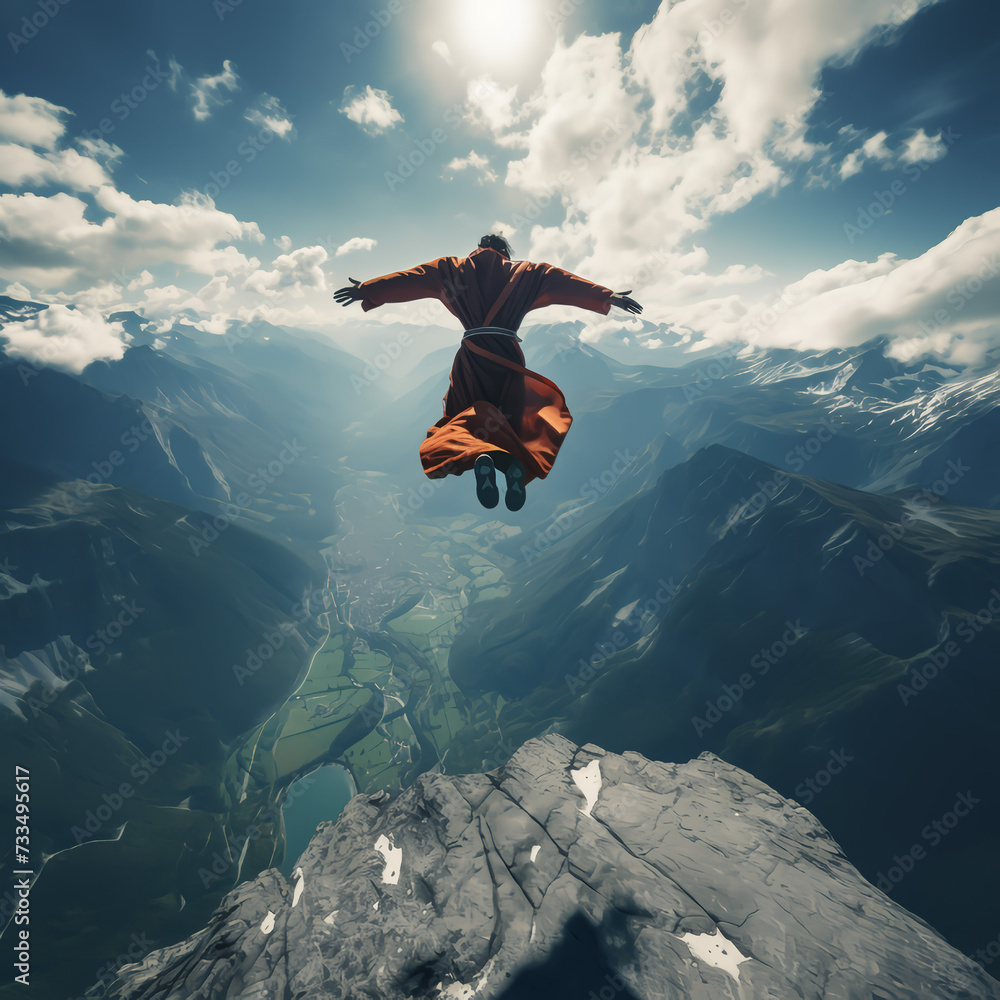 a bungee jumping monk. Generative AI	
