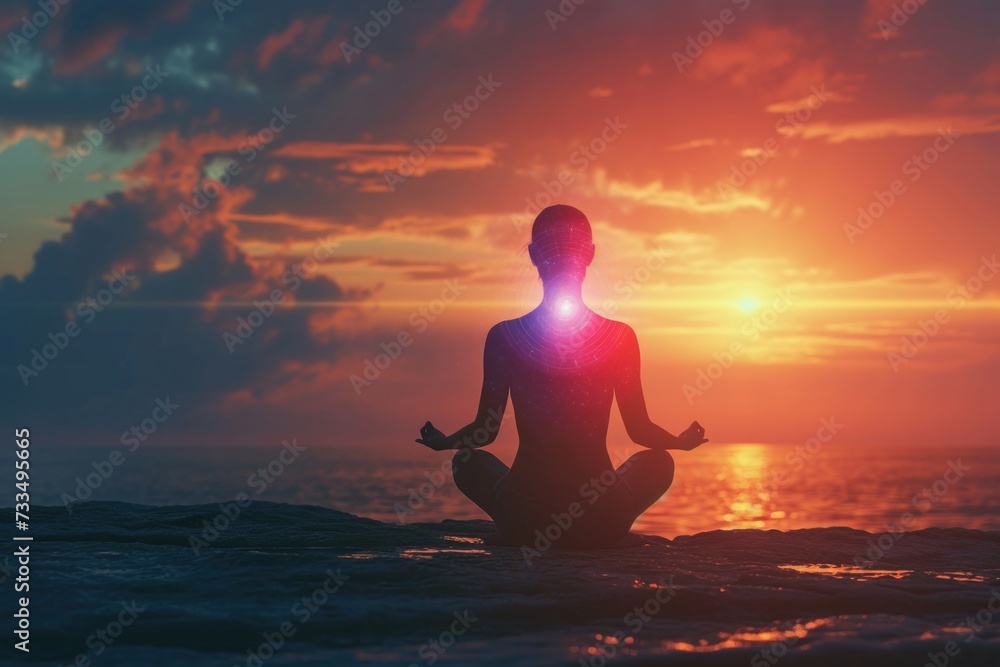 Woman practicing yoga and meditation on beach at sunset.
