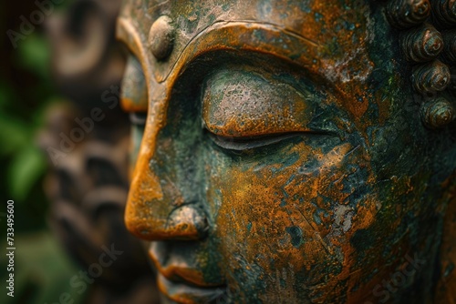 Buddhas serene face symbolizes spiritual enlightenment, peace, and Zen.