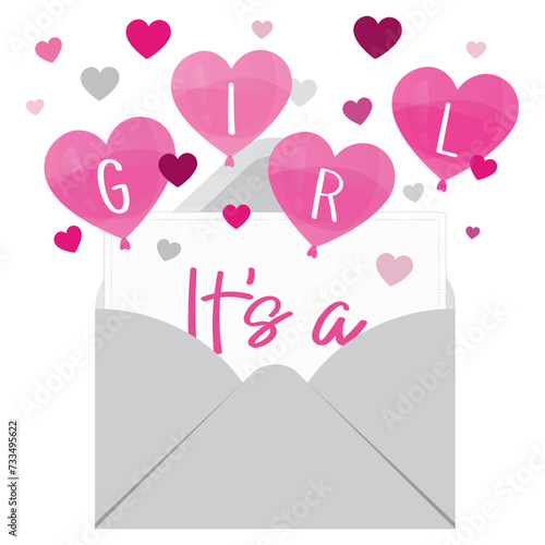 It’s a girl - baby shower illustration. Grey envelope, pink heart-shaped ballons - vector CMYK	