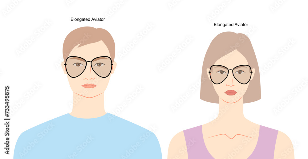 Elongated Aviator frame glasses on women and men flat character fashion accessory illustration. Sunglass front view unisex silhouette style, rim eyeglasses, lens sketch style outline isolated on white Elongated Aviator frame glasses on women and men flat character fashion accessory illustration. Sunglass front view unisex silhouette style, rim eyeglasses, lens sketch style outline isolated on white