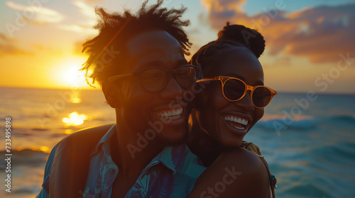 Black couple watch sunset on the beach,  travel and beach fun while laughing on a sunset nature adventure and summer vacation or honeymoon photo