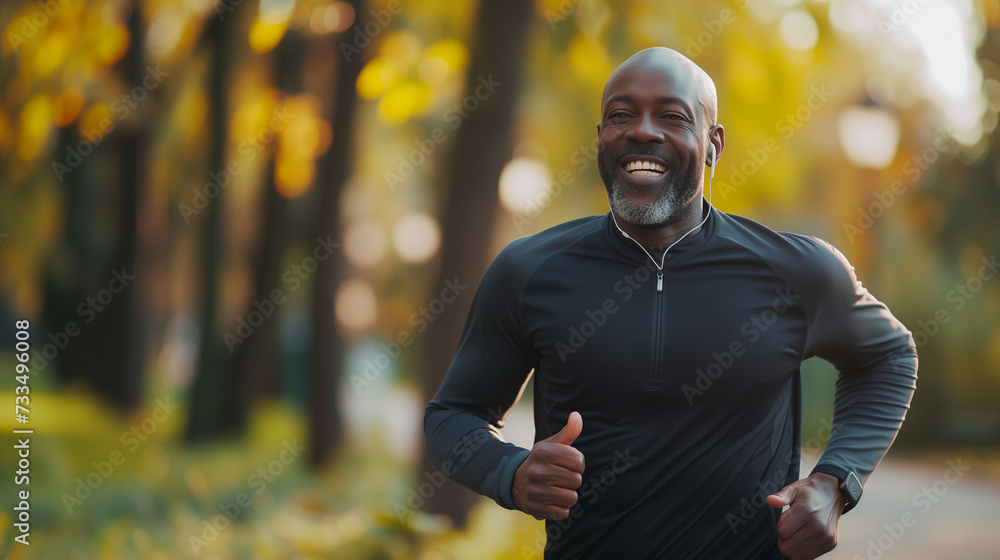 Obraz premium black man running in the park in nature, a Senior male outdoor runner exercise training with earphones.