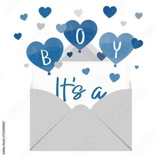 It’s a boy - baby shower illustration. Grey envelope, blue heart-shaped ballons - vector CMYK