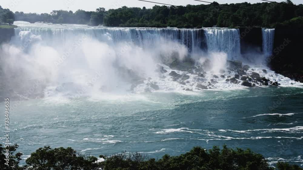Majestic Waterfall Cascade with Mist over River Scenic View Majestic Waterfall Cascade with Mist over River Scenic View