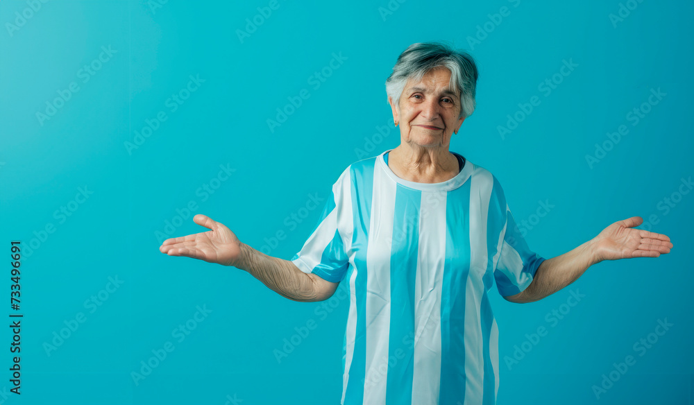 Passion in Blue and White: Lady from Argentina Wearing a Soccer Jersey with National Colors, Surrounded by a Light Blue Celeste Background, Embracing the Passion for the Game Passion in Blue and White: Lady from Argentina Wearing a Soccer Jersey with National Colors, Surrounded by a Light Blue Celeste Background, Embracing the Passion for the Game
