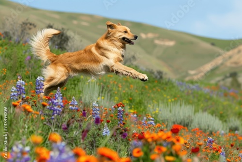 Dog joyfully leaping through a colorful field of wildflowers.