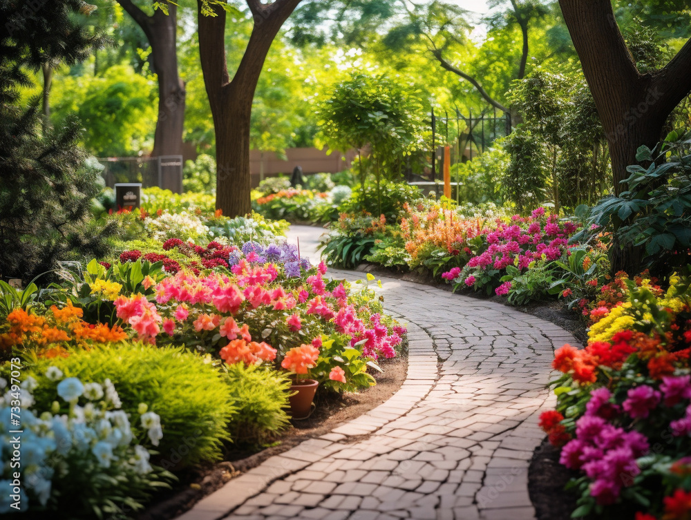 A vibrant garden path lined with various flowers and embellishments, bursting with colors.