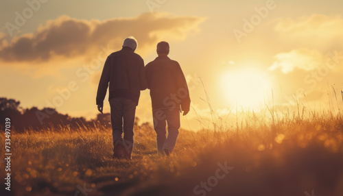 Father and Son Enjoying a Sunset Walk in the Countryside
