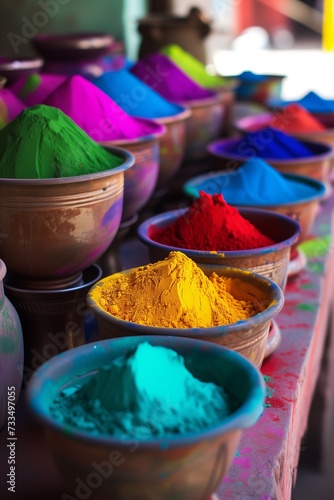 Assortment of colorful Holi powder displayed in traditional bowls, highlighting the vividness and cultural significance of the festival