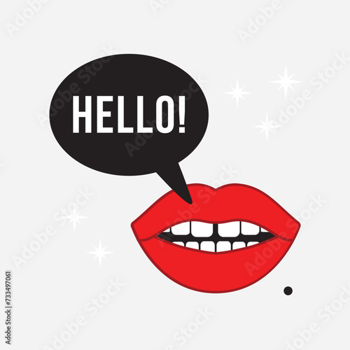 Abstract isolated woman attractive cute open mouth with red lips, white gap teeth, small mole, and black hello speech bubble flat retro style on light gray background poster