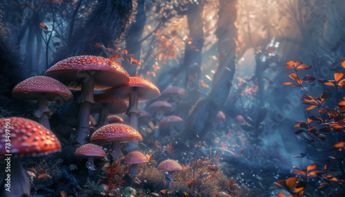 Enchanted Forest with Red-Capped Mushrooms and Misty Light