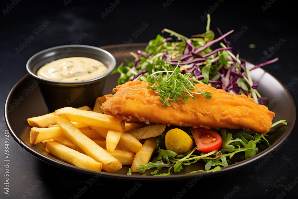 Gourmet fish and chips with a microgreen salad on the side. Space for text, Generative AI Gourmet fish and chips with a microgreen salad on the side. Space for text, Generative AI