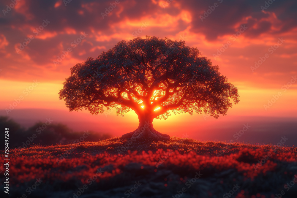 A solitary tree standing tall against a fiery sunset, symbolizing resilience and enduring strength in the face of change. Concept of steadfastness. Generative Ai.