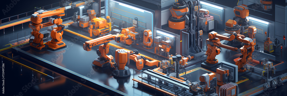 A high-tech factory scene where robots are assembling futuristic machinery. The isometric view captures the precision and efficiency of the automated assembly