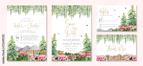 wedding invitation suite with beautiful watercolor landscape